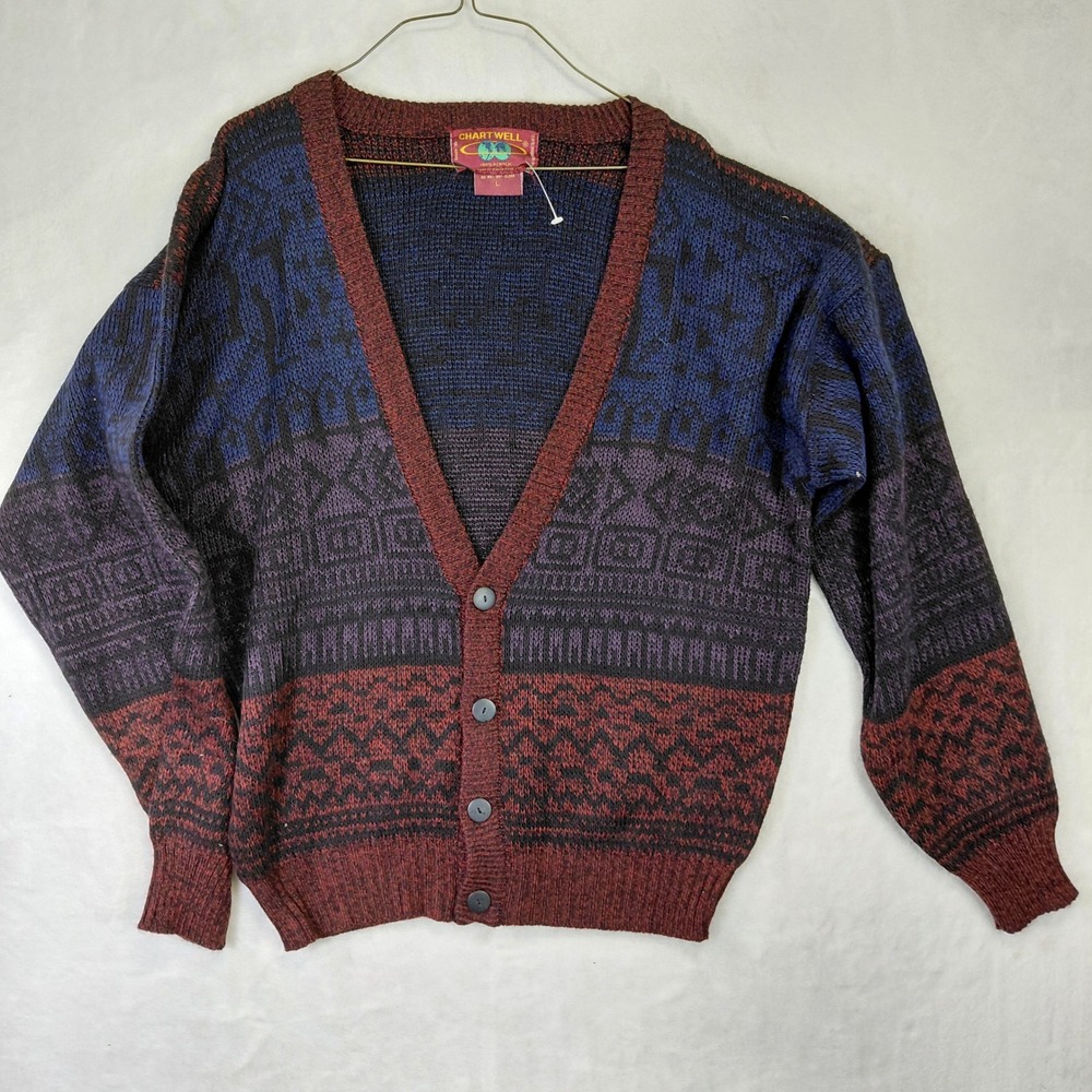 Vintage Chartwell Mens Geometric Knit Cardigan Sweater Blue Purple Burgundy L